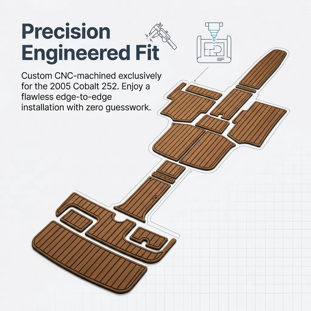 CAD schematic showing custom CNC-machined edge-to-edge fitment lines engineered specifically for the 2005 Cobalt 252 boat model.