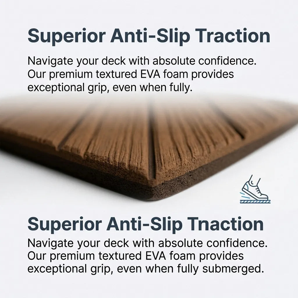 Macro extreme close-up of the 6mm high-density textured EVA foam decking showing the non-skid grooved wood-grain surface.