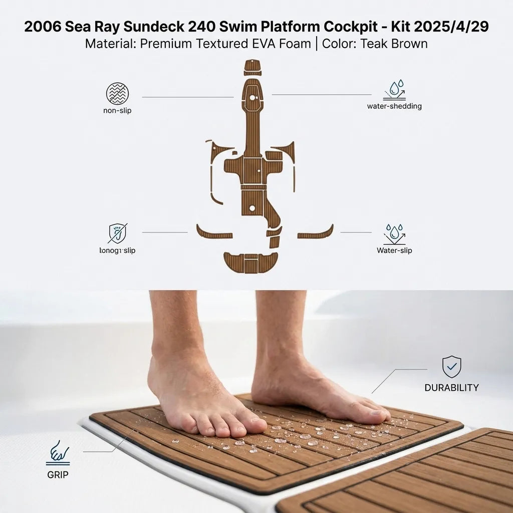 Close-up of bare feet standing comfortably on the non-slip, water-shedding 6mm textured faux-teak deck flooring.