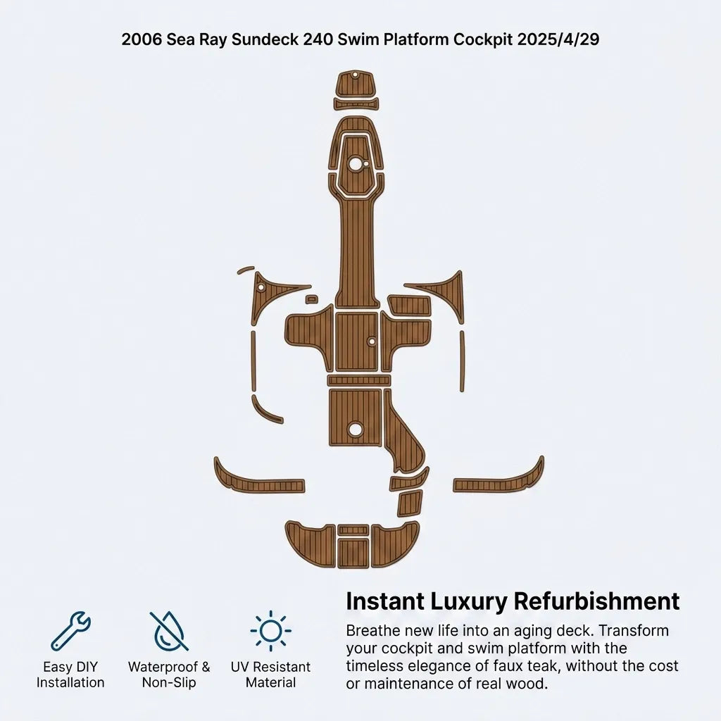 Product schematic outlining the easy DIY peel-and-stick installation process of the waterproof and UV-resistant boat floor.