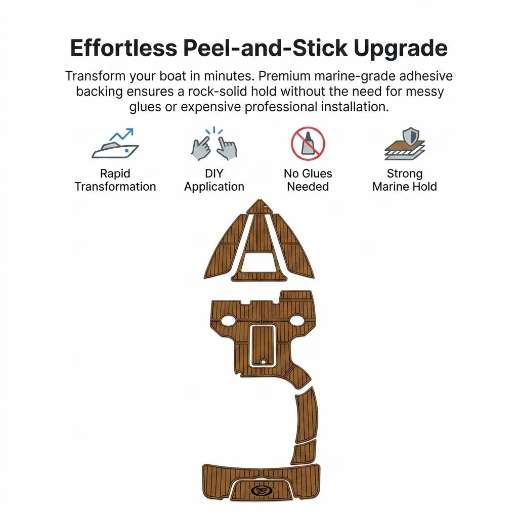 Infographic detailing effortless DIY peel-and-stick installation with pre-applied marine-grade self-adhesive backing.