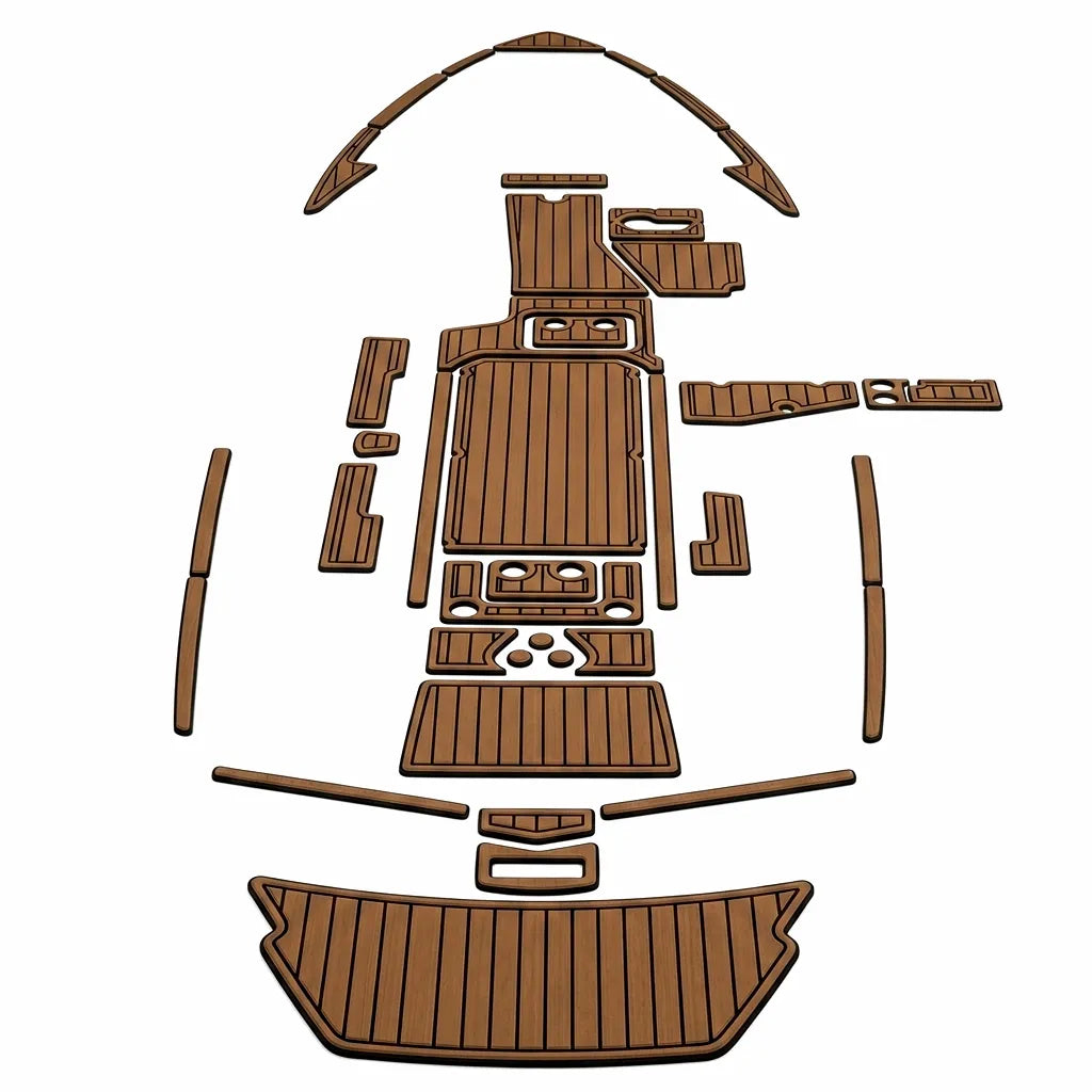 Complete multi-piece CNC-cut marine-grade EVA foam flooring kit in brown faux teak for the 2019 Malibu 25 LSV swim platform and cockpit, shown in full layout on a white background.