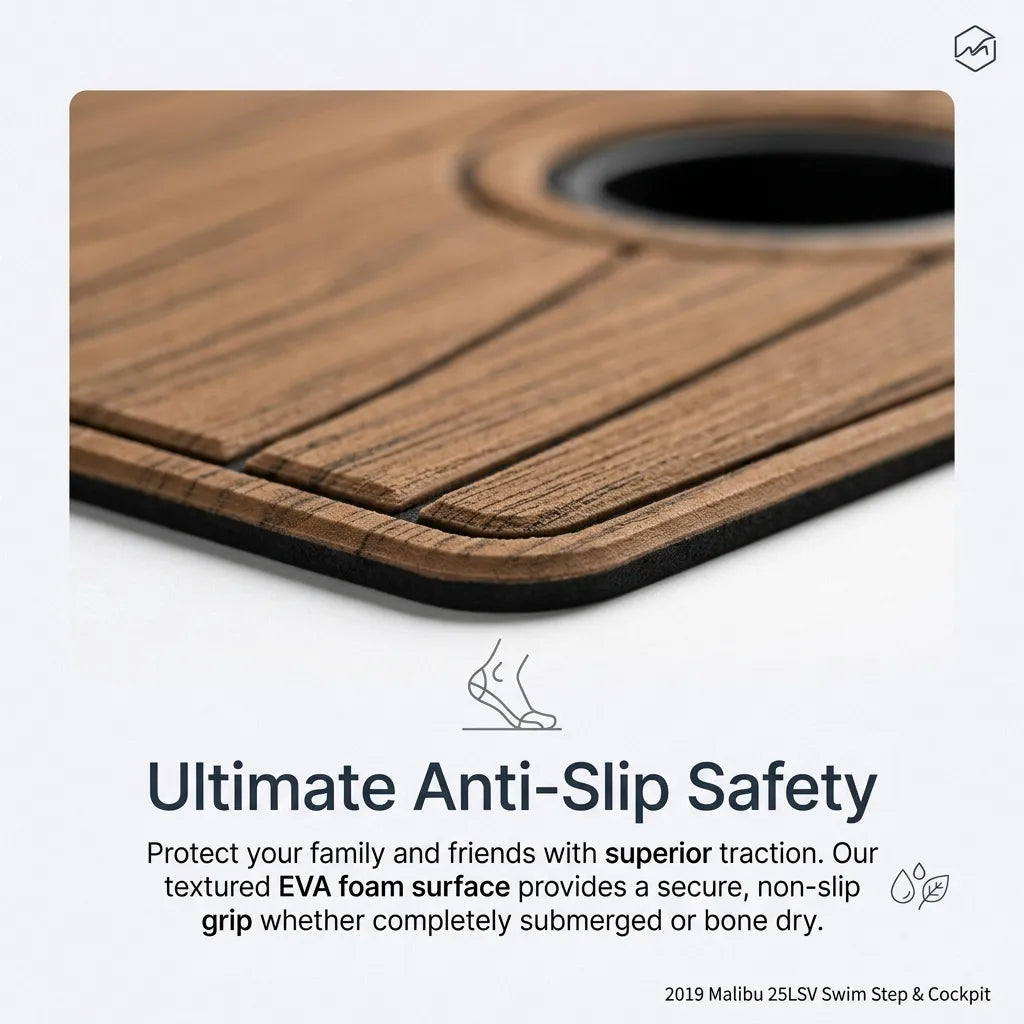 Close-up macro shot of the 6mm dual-layer EVA foam decking showing the textured faux teak wood grain surface, black bevel routed lines, and non-slip traction profile.
