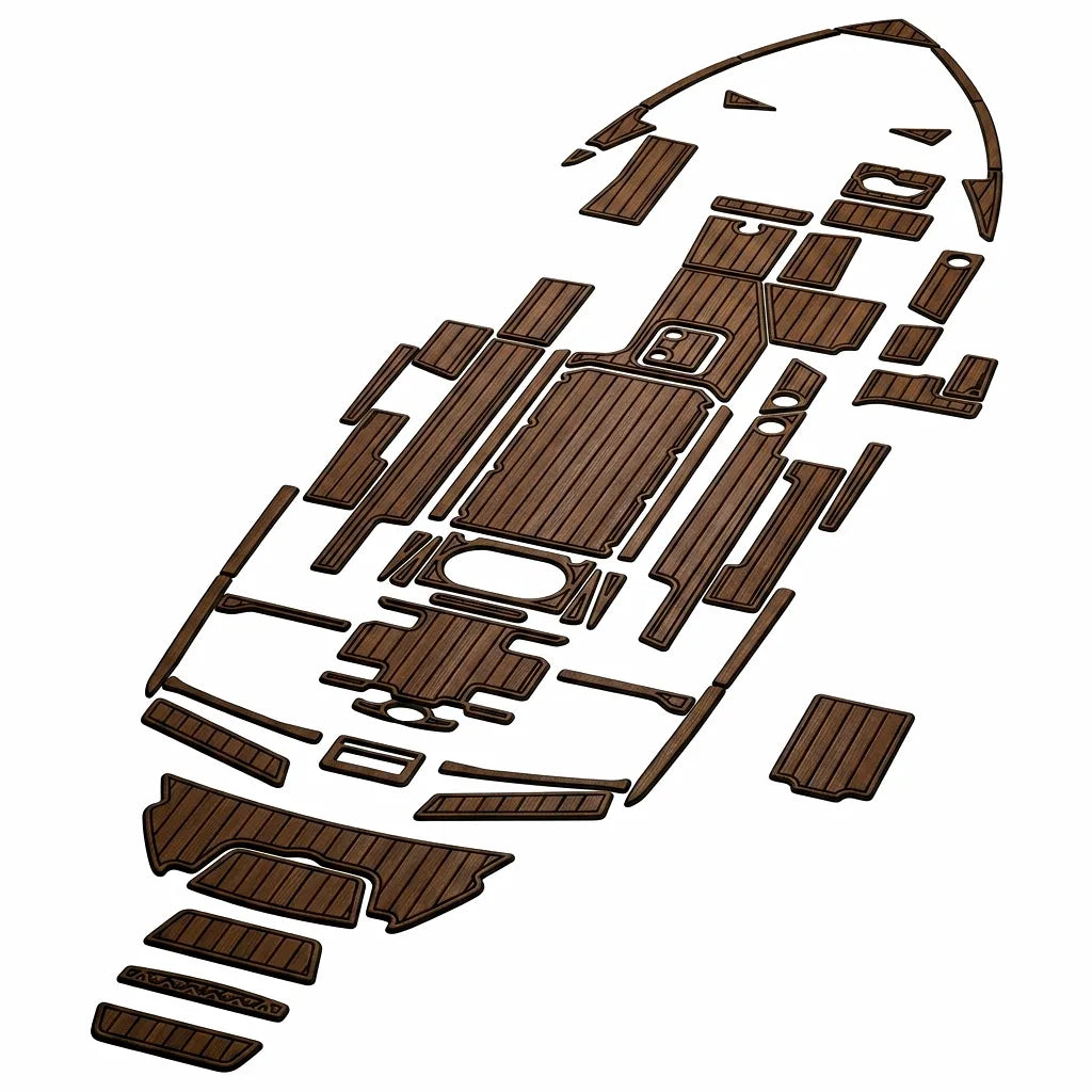 Complete custom-cut EVA foam decking sheet layout for 2021 Malibu 23 LSV in brushed brown faux teak.