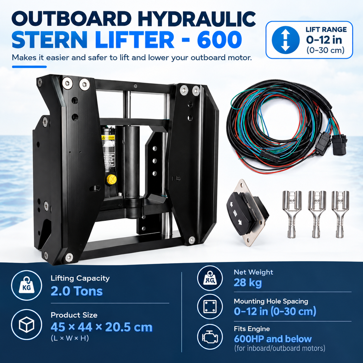 Outboard Motor Hydraulic Jack Plate - 1.7-Ton Lift, 40-60HP, Corrosion-Resistant