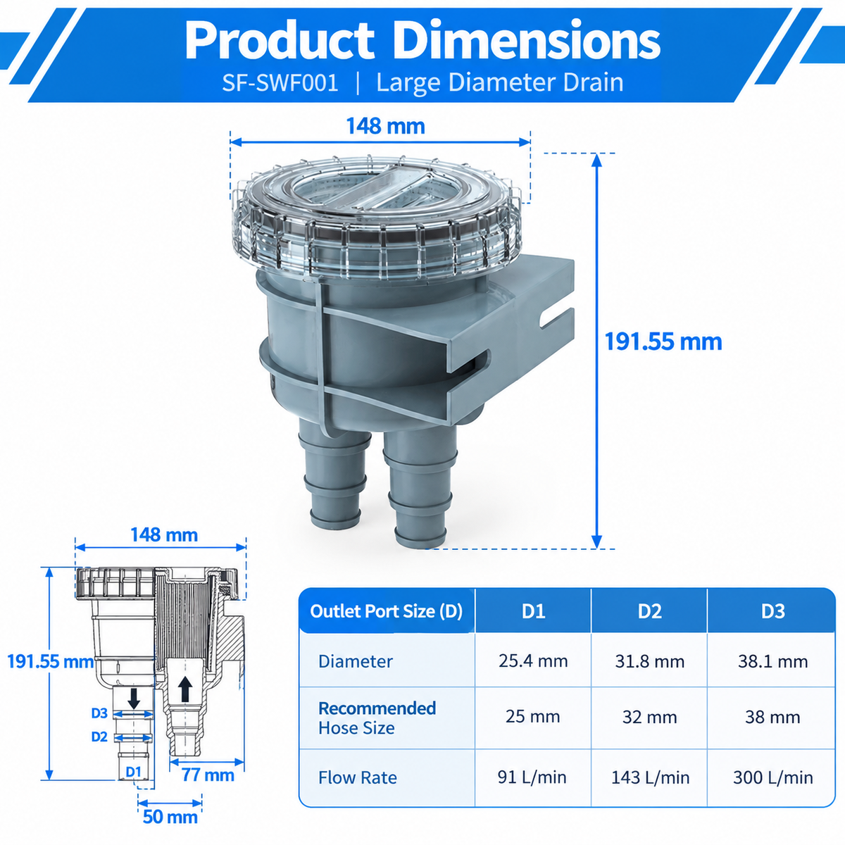 Airow Marine Seawater Strainer Filter - High-Flow Polymer, Universal Fit
