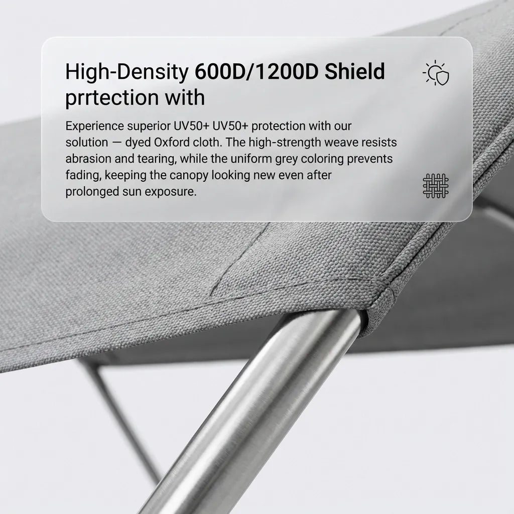 Close-up macro detail of the high-density 600D/1200D shield fabric weave and the brushed stainless steel support tube connection.