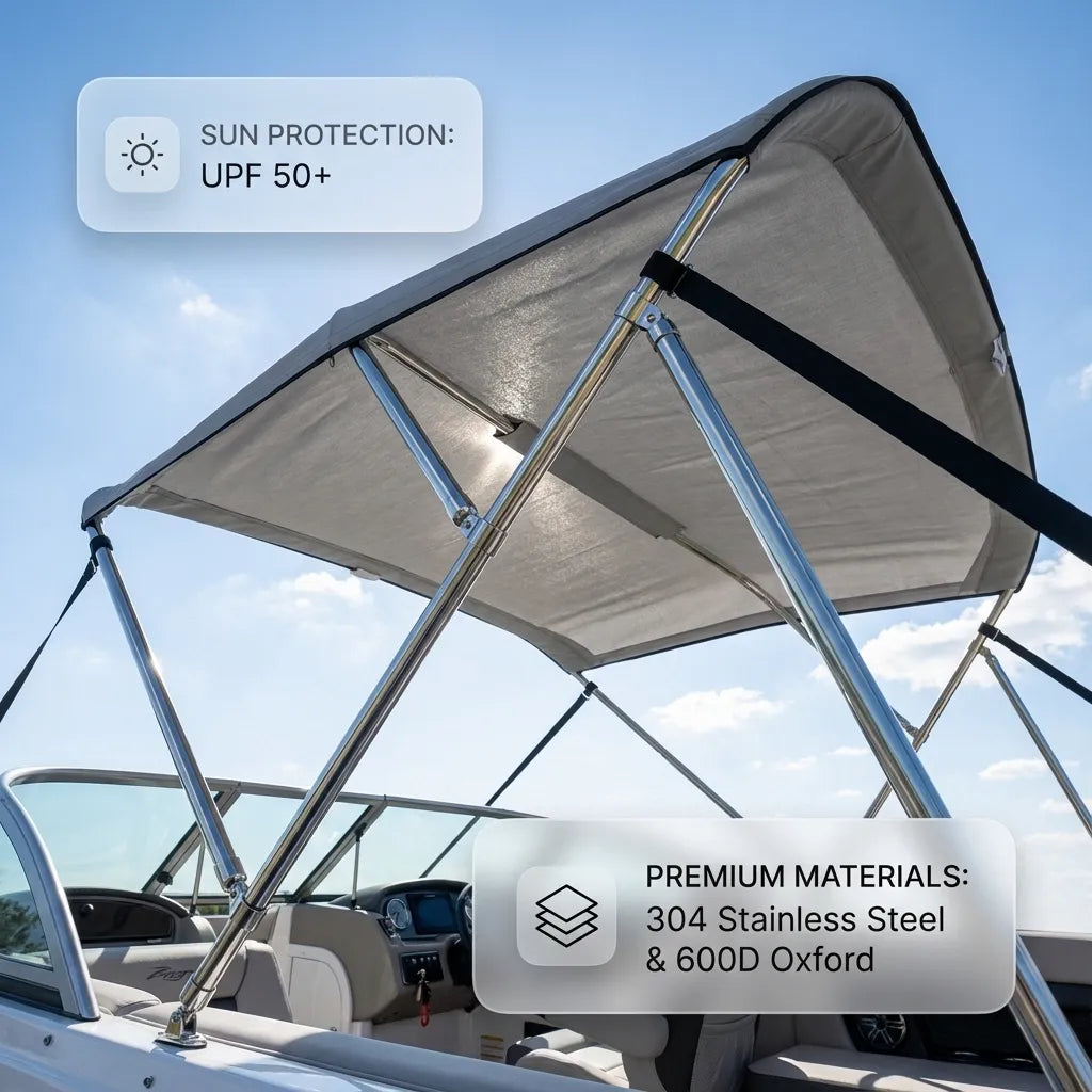 View from under the bimini top on a boat showing the UPF 50+ sun protection and premium 304 stainless steel and 600D Oxford material combination.