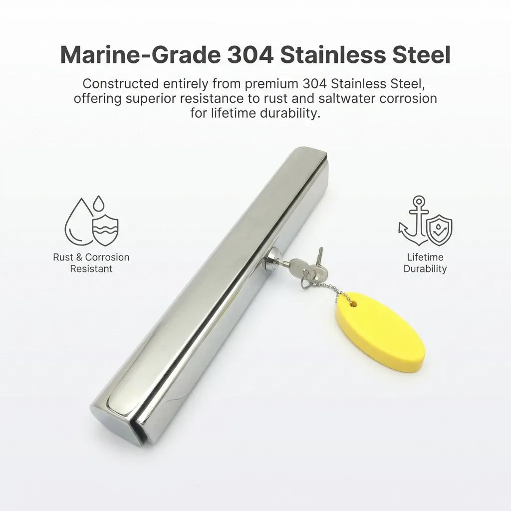 Infographic highlighting the rust and saltwater corrosion resistance of the premium 304 stainless steel construction.