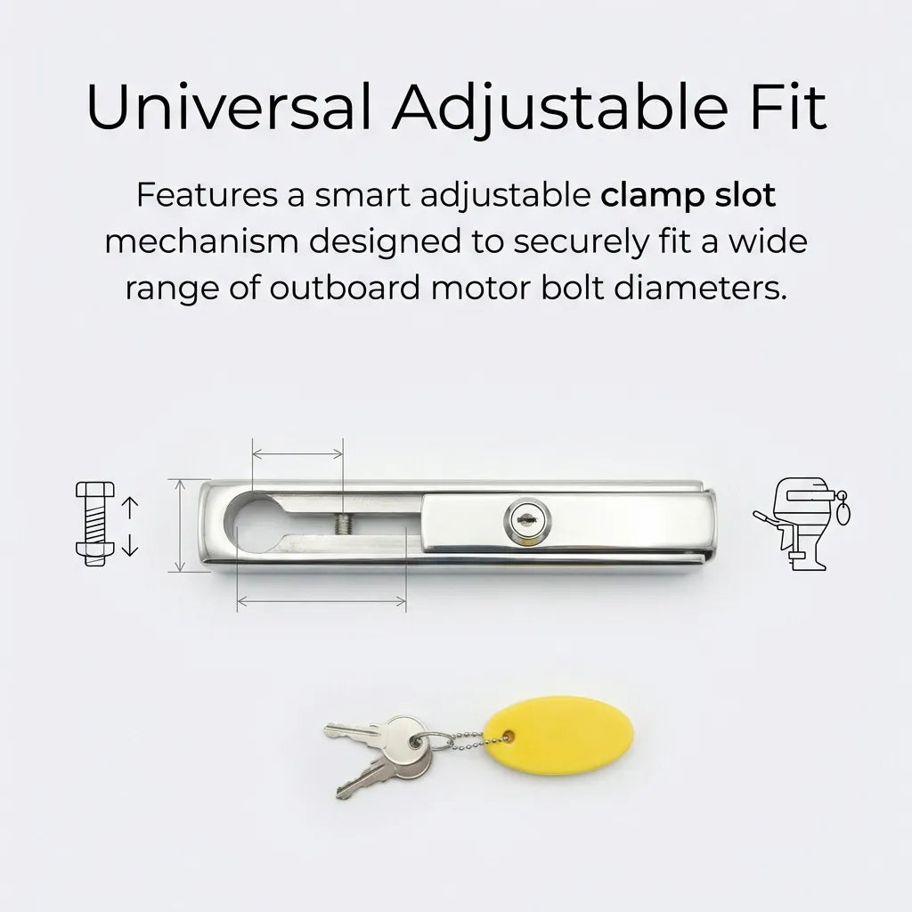 Close-up of the adjustable clamp slot designed to fit various outboard motor bolt diameters securely.