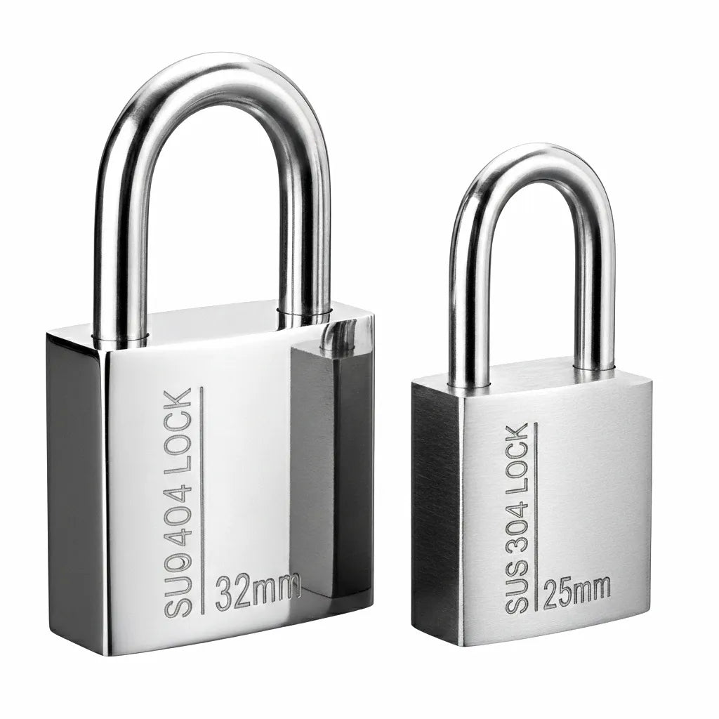 Two solid SUS 304 stainless steel padlocks in 32mm and 25mm sizes showing mirror-polished finish and short shackle design on a white background.