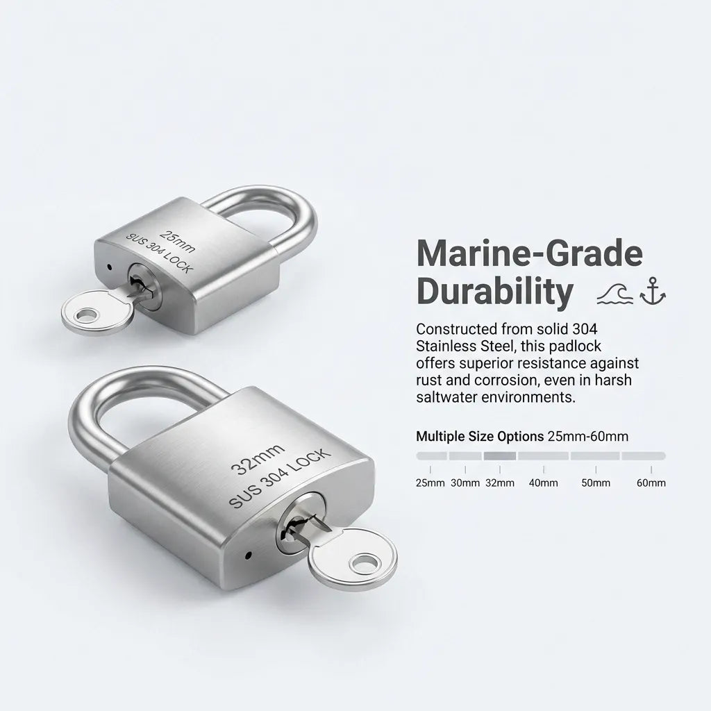Diagram of 25mm and 32mm stainless steel padlocks with keys, featuring a size scale ranging from 25mm to 60mm for marine environments.
