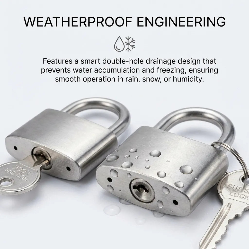 Bottom view of two padlocks showing the smart double-hole drainage system designed to prevent water accumulation and internal freezing.