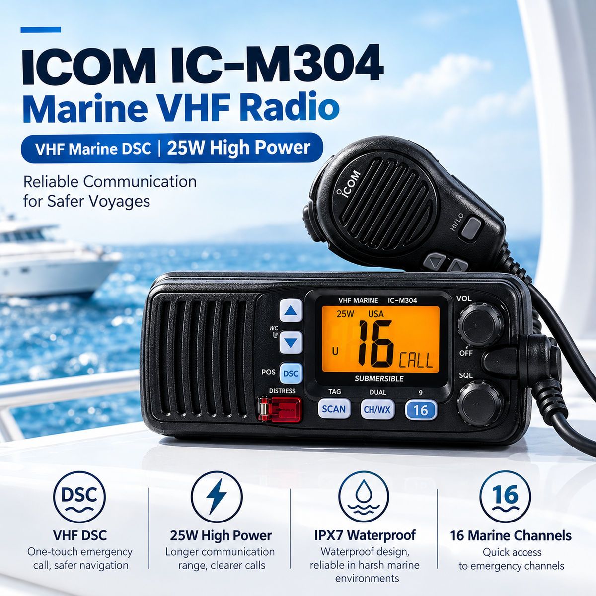 ICOM IC-M330G VHF Marine Radio - 25W High-Power, Integrated GPS, IPX7 Waterproof