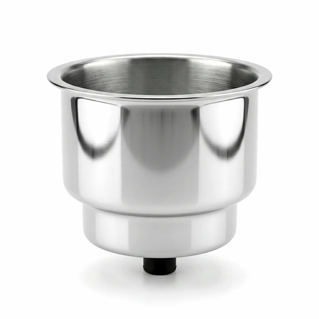 High-angle hero shot of a 316 marine grade stainless steel cup holder insert on a white background, highlighting its premium brushed metal finish and stepped design.