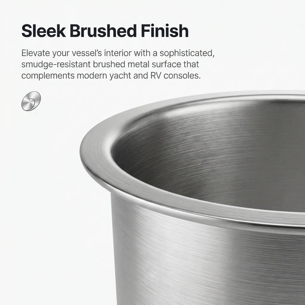 Extreme close-up of the cup holder rim showing the precision-brushed finish and high-quality 316 stainless steel grain.