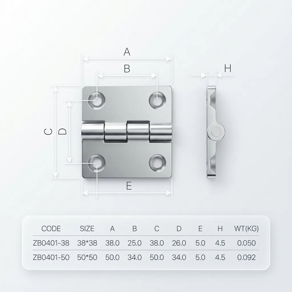 Engineering diagram showing dimensions A (50mm), B (34mm), C (50mm), D (34mm), and H (4.5mm thickness) for the ZB0401-50 hinge model.