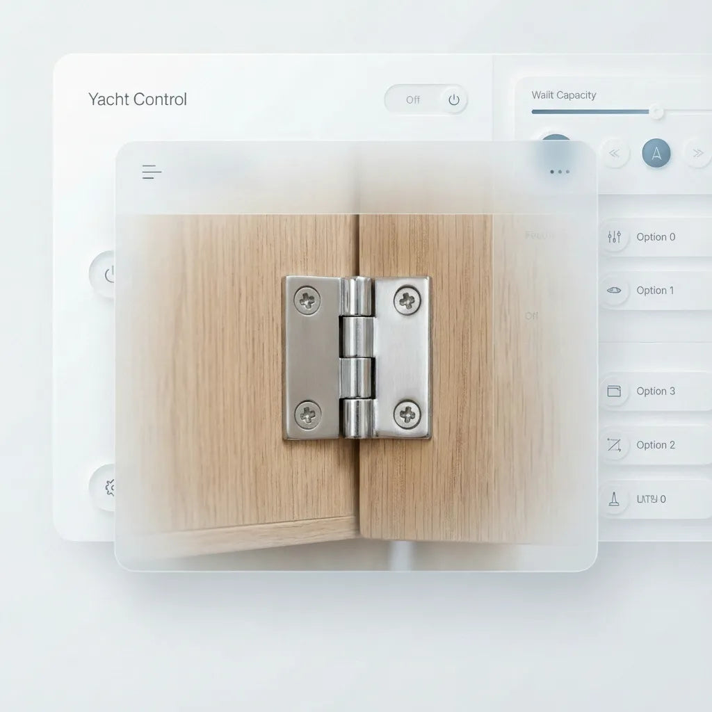 The marine hinge shown installed on a high-end wooden interior yacht cabinet door with four countersunk screws.