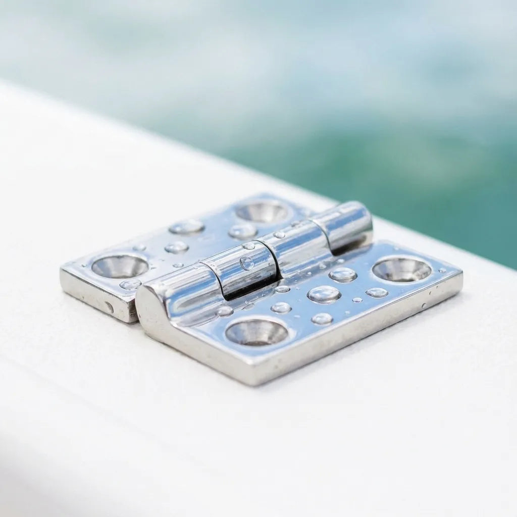 Lifestyle shot of the 316 stainless steel hinge installed on a white fiberglass yacht deck, featuring water beads demonstrating hydrophobic mirror finish.