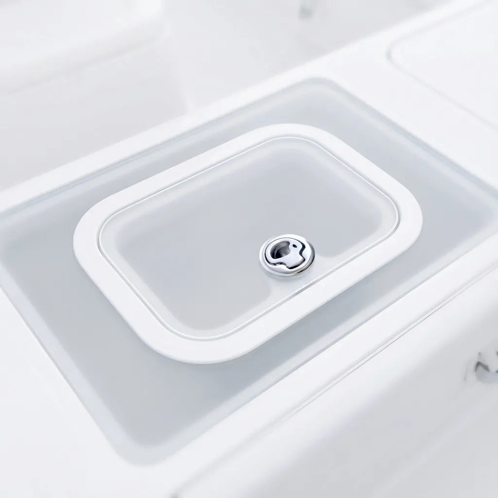 Close-up of the non-locking slam latch installed on a white fiberglass boat hatch cover.