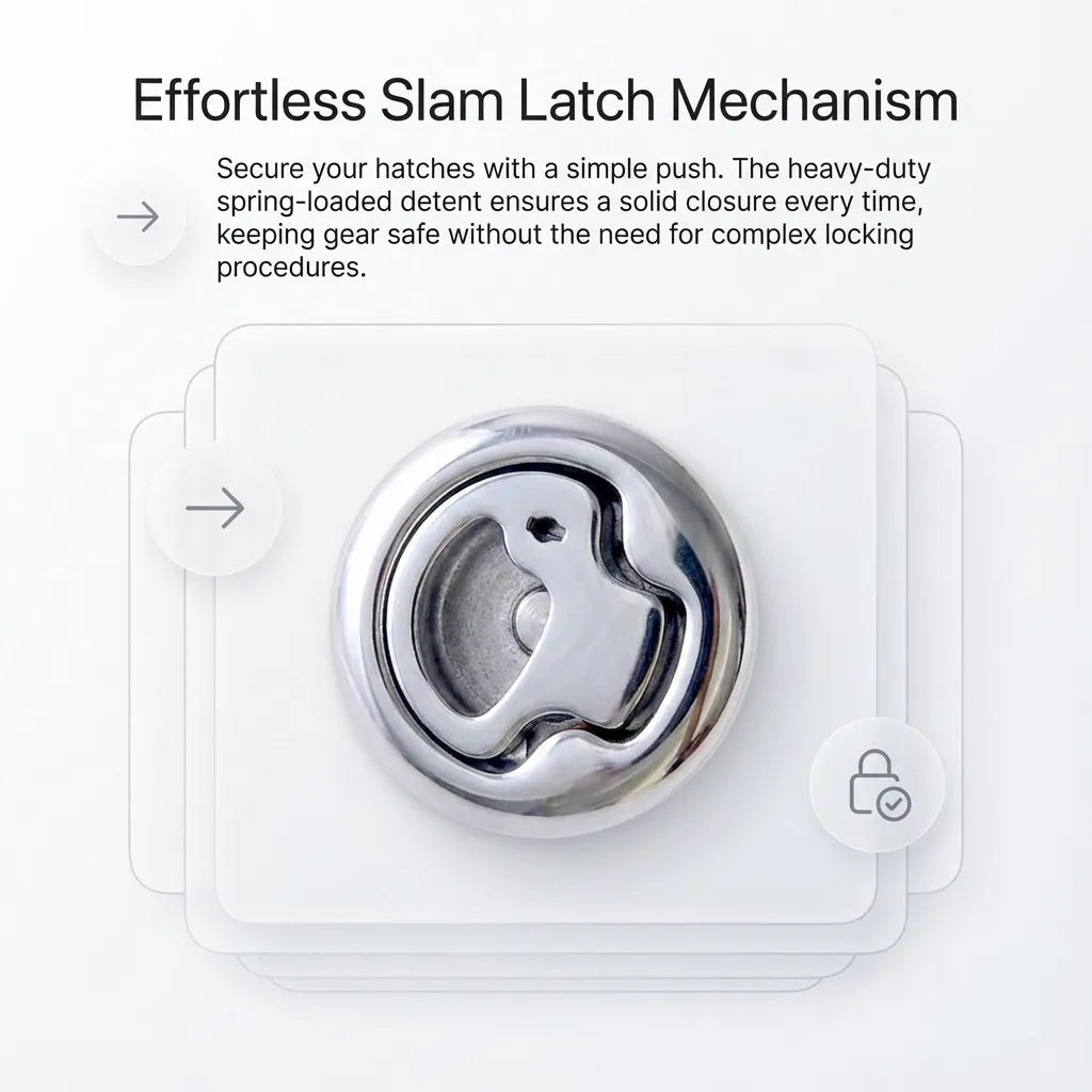 Explanation of the effortless slam latch mechanism using a heavy-duty spring-loaded detent for secure closure.
