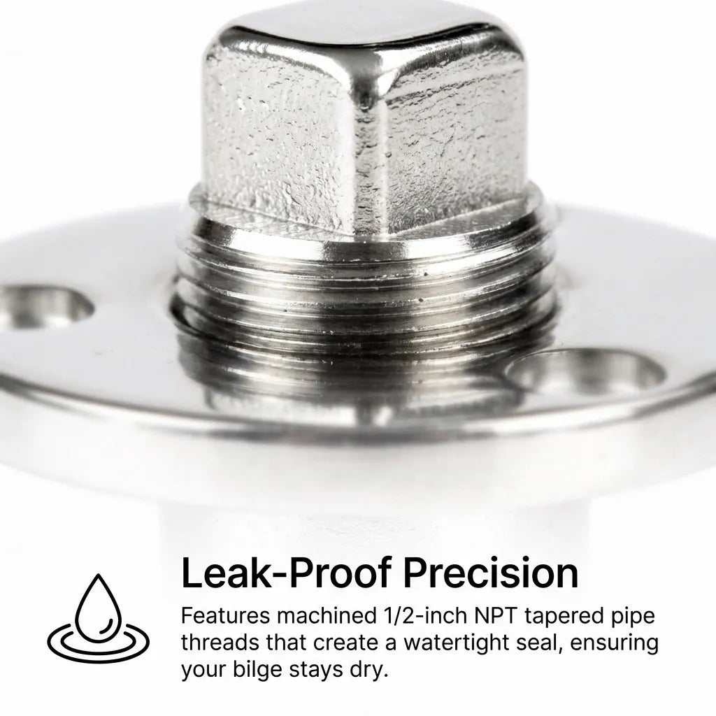Extreme close-up view of the machined 1/2-inch NPT tapered pipe threads on the drain plug, designed for a leak-proof watertight seal.