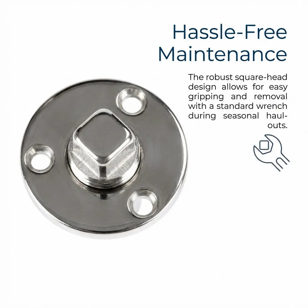 Top-down view of the garboard drain plug highlighting the robust square-head design for easy removal and installation with a standard wrench.