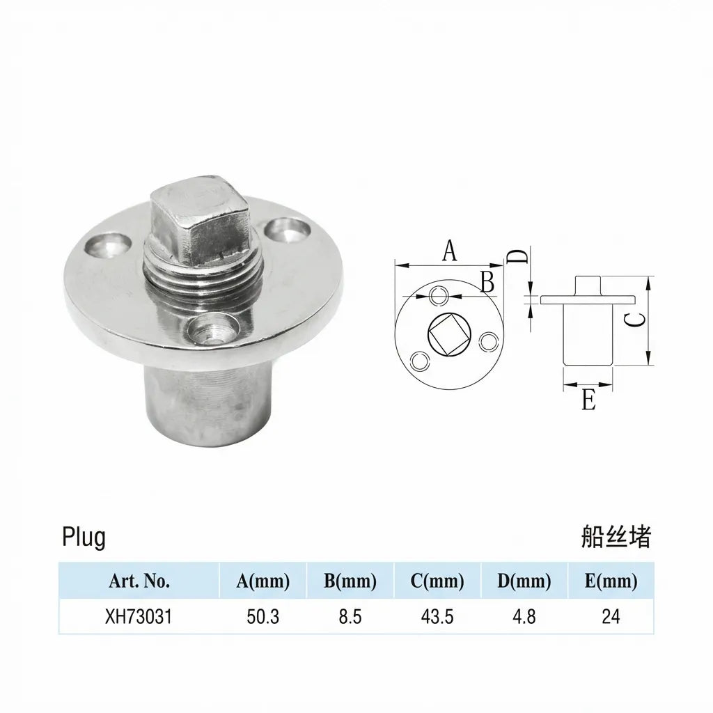 Technical drawing and dimension table for the XH73031 plug, showing a 50.3mm flange diameter, 43.5mm height, and 24mm body width.
