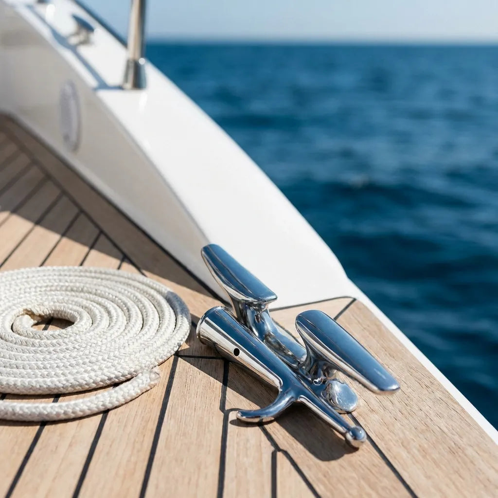 Marine boat hook head resting on a teak boat deck next to a coiled mooring line and a stainless steel cleat.