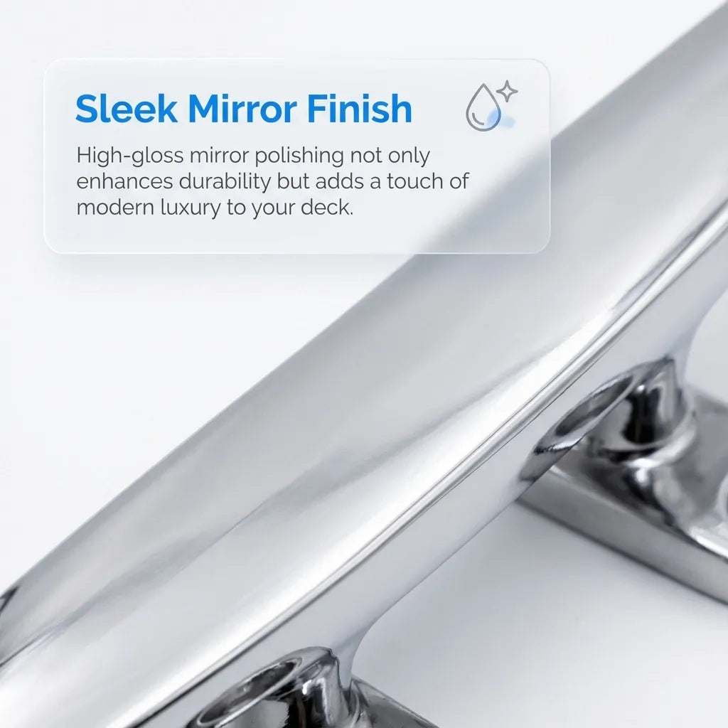 Macro shot of the high-gloss mirror polishing on the cleat surface showing crisp reflections and smooth industrial finish.