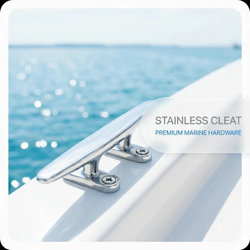 Lifestyle view of the mirror-polished stainless steel cleat installed on a white fiberglass boat gunwale under sunlight.
