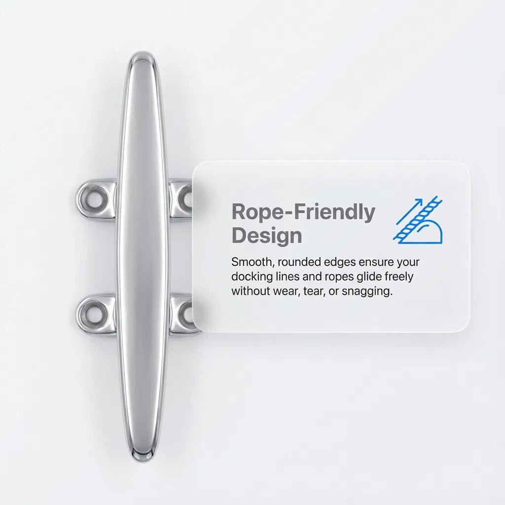 Overhead view demonstrating the smooth, rounded edges of the mooring cleat designed to prevent rope abrasion and snagging.