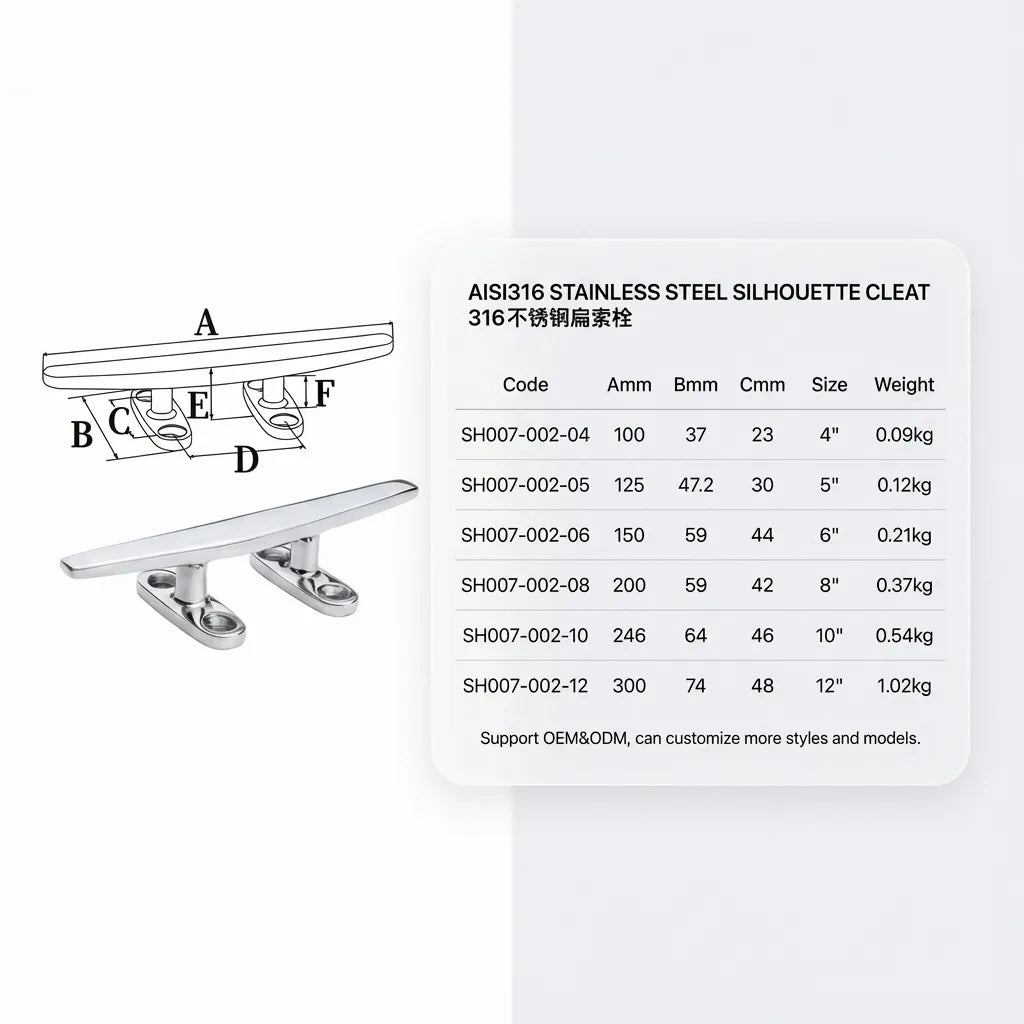 Technical diagram and specification table for the SH007 silhouette cleat series, detailing dimensions for 4-inch to 12-inch sizes in AISI 316 stainless steel.