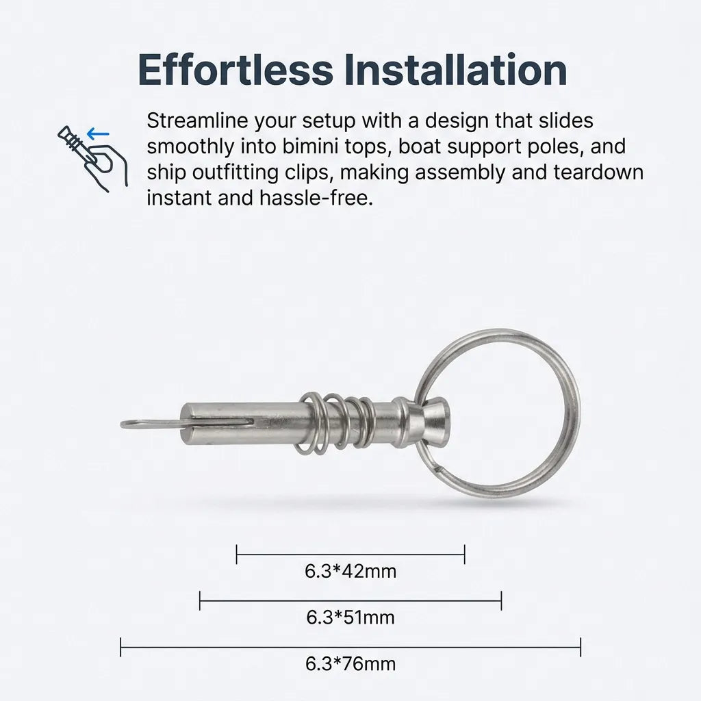 Diagram showing how the pin slides smoothly into bimini tops and boat support poles for instant assembly and teardown.