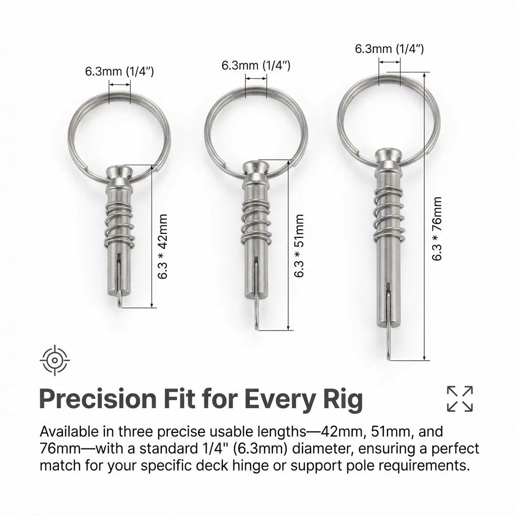 Technical diagram showing 6.3mm diameter and available usable lengths of 42mm, 51mm, and 76mm for various deck hinge applications.