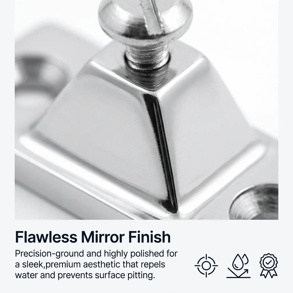 Macro photograph showing the precision-ground mirror polish finish of the boat deck hinge designed to repel water.