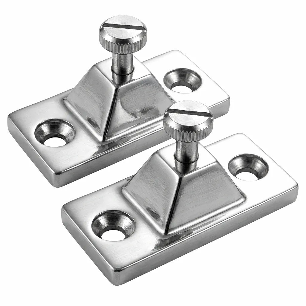 A pair of marine-grade 316 stainless steel side mount deck hinges with mirror-polished finish on a white background.