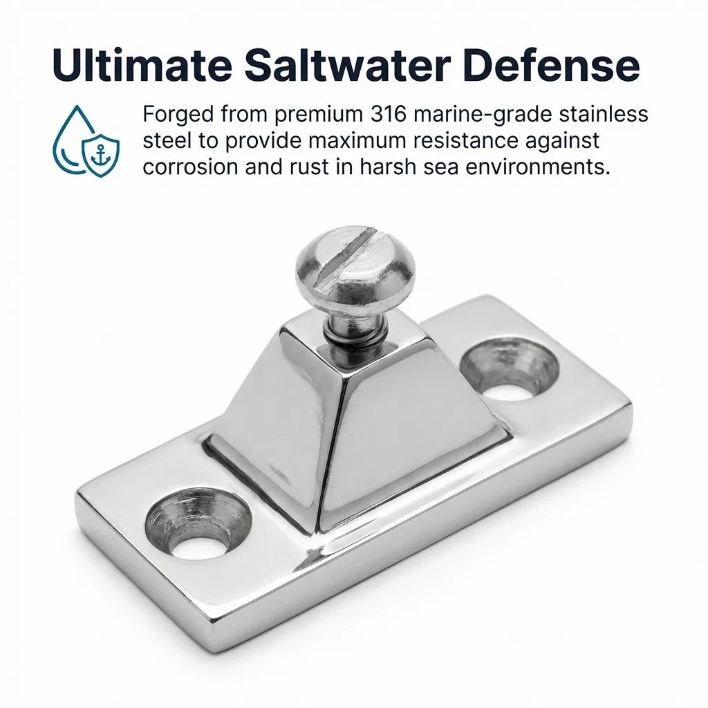 Detailed view of the 316 stainless steel hinge with text highlighting maximum resistance against corrosion and rust in harsh sea environments.