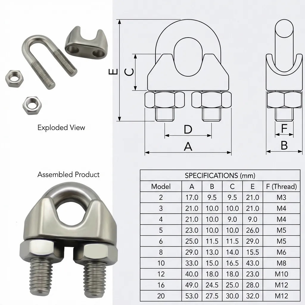 Engineering blueprint with dimension markers A, B, C, E, and F corresponding to a sizing chart for metric threads M3 to M12.