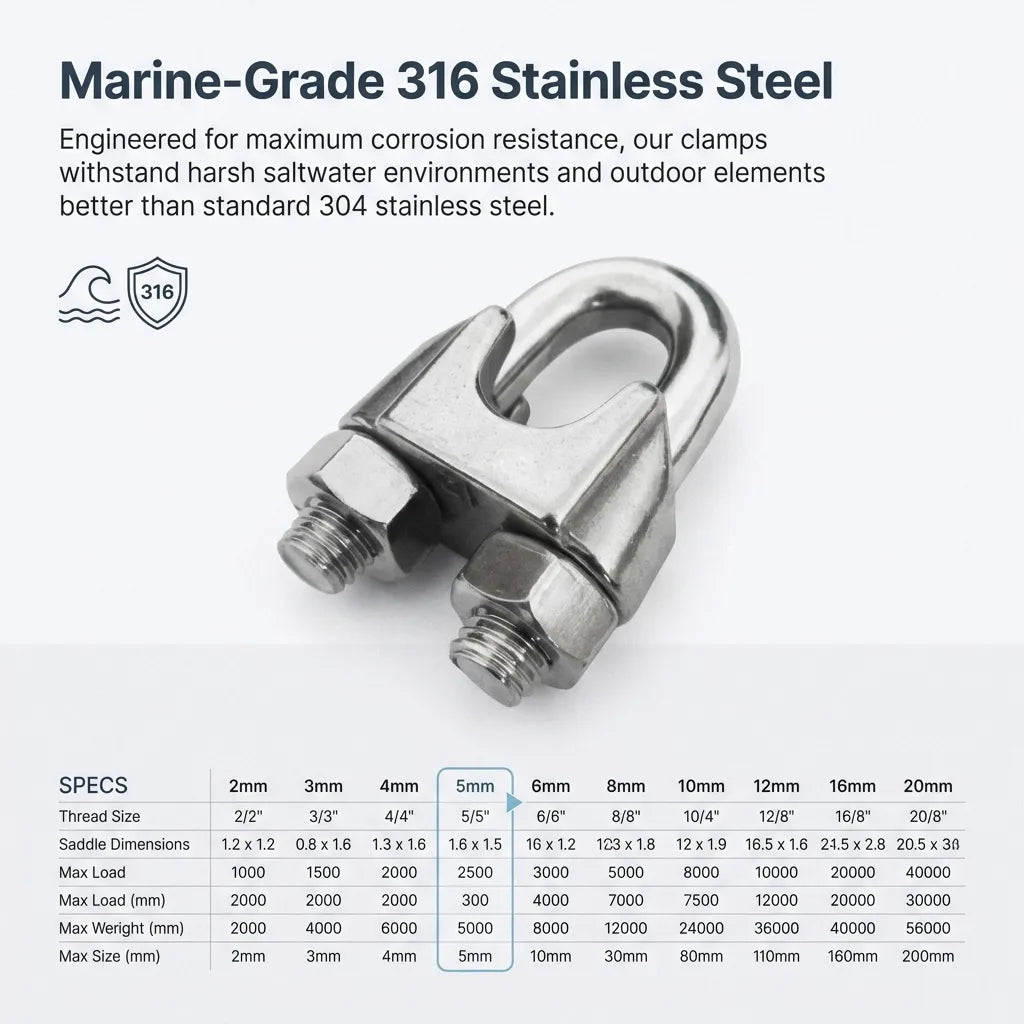 Technical infographic detailing the 316 stainless steel composition and a comprehensive load capacity table for wire diameters 2mm through 20mm.