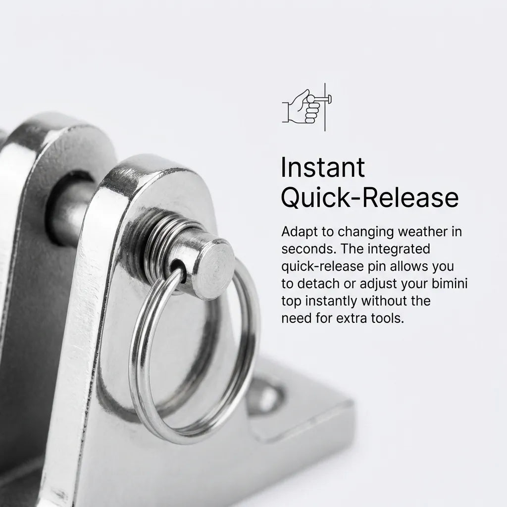 Close-up detail of the spring-loaded quick-release toggle pin and ring grip mechanism on the marine-grade deck hinge.