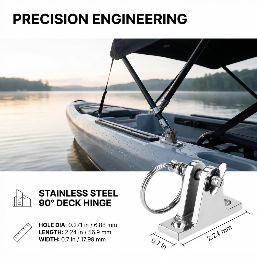 Infographic titled Precision Engineering showing the deck hinge installed on a kayak with dimensions: 0.271 inch hole diameter, 2.24 inch length, and 0.7 inch width.
