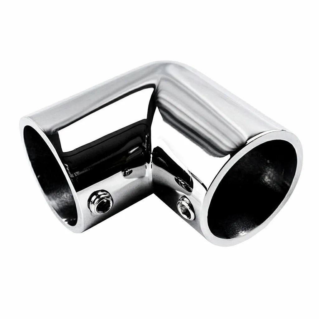 High-luster mirror-polished 90-degree 316 stainless steel boat stanchion elbow fitting on a pure white background.