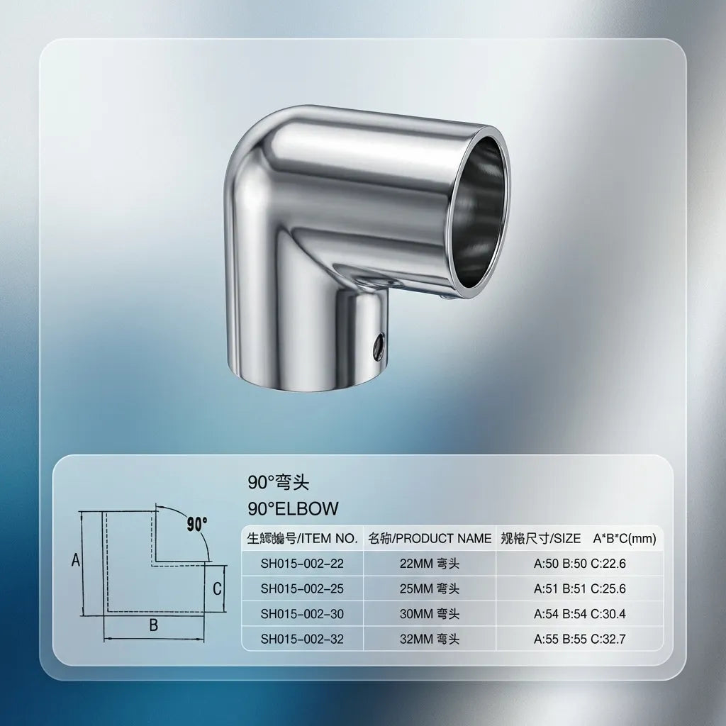 OCR Technical Diagram: 90 degree elbow dimensions A, B, and C. Table lists Item SH015-002 in sizes 22mm, 25mm, 30mm, and 32mm with corresponding millimetric tolerances.