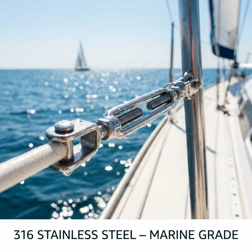 Marine-grade turnbuckle installed on a sailboat deck railing system in a saltwater environment.