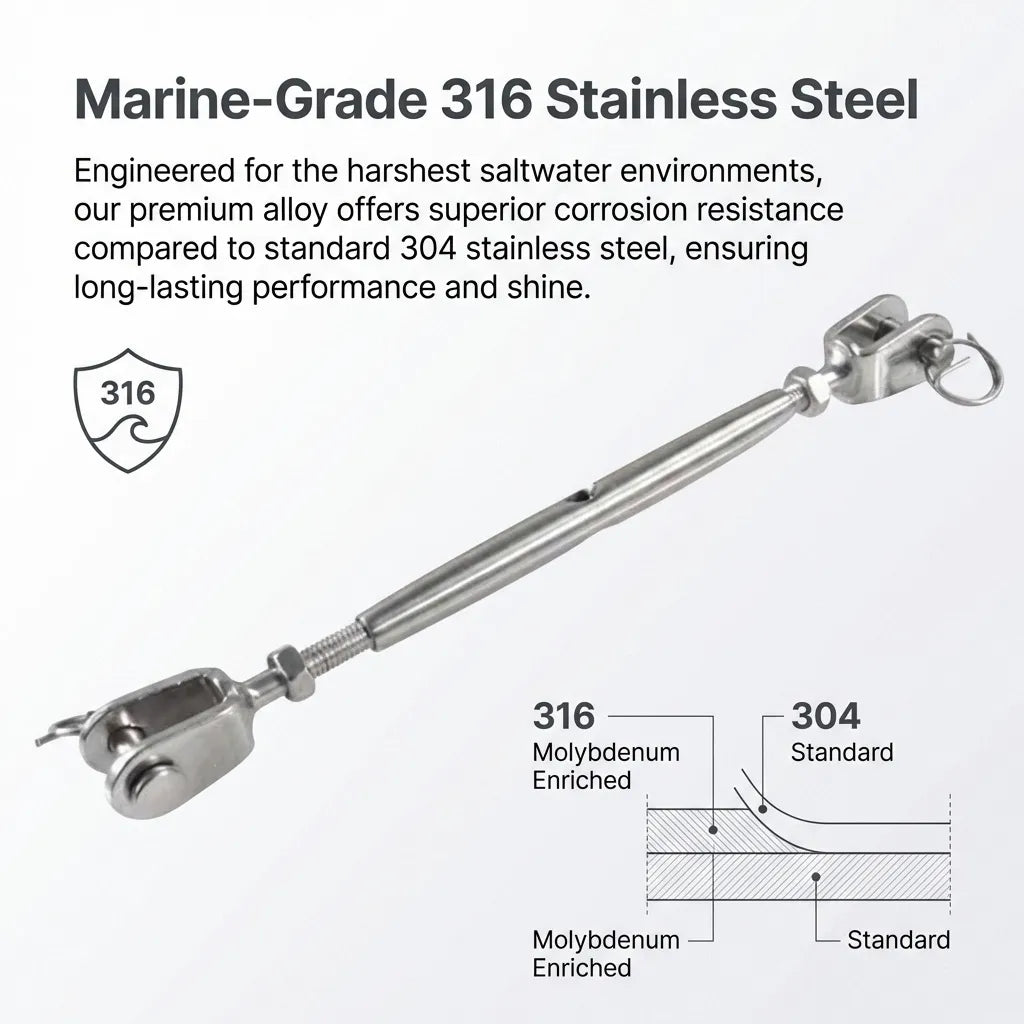 Technical diagram showing 316 stainless steel molybdenum enrichment layers compared to standard 304 alloy for corrosion resistance.
