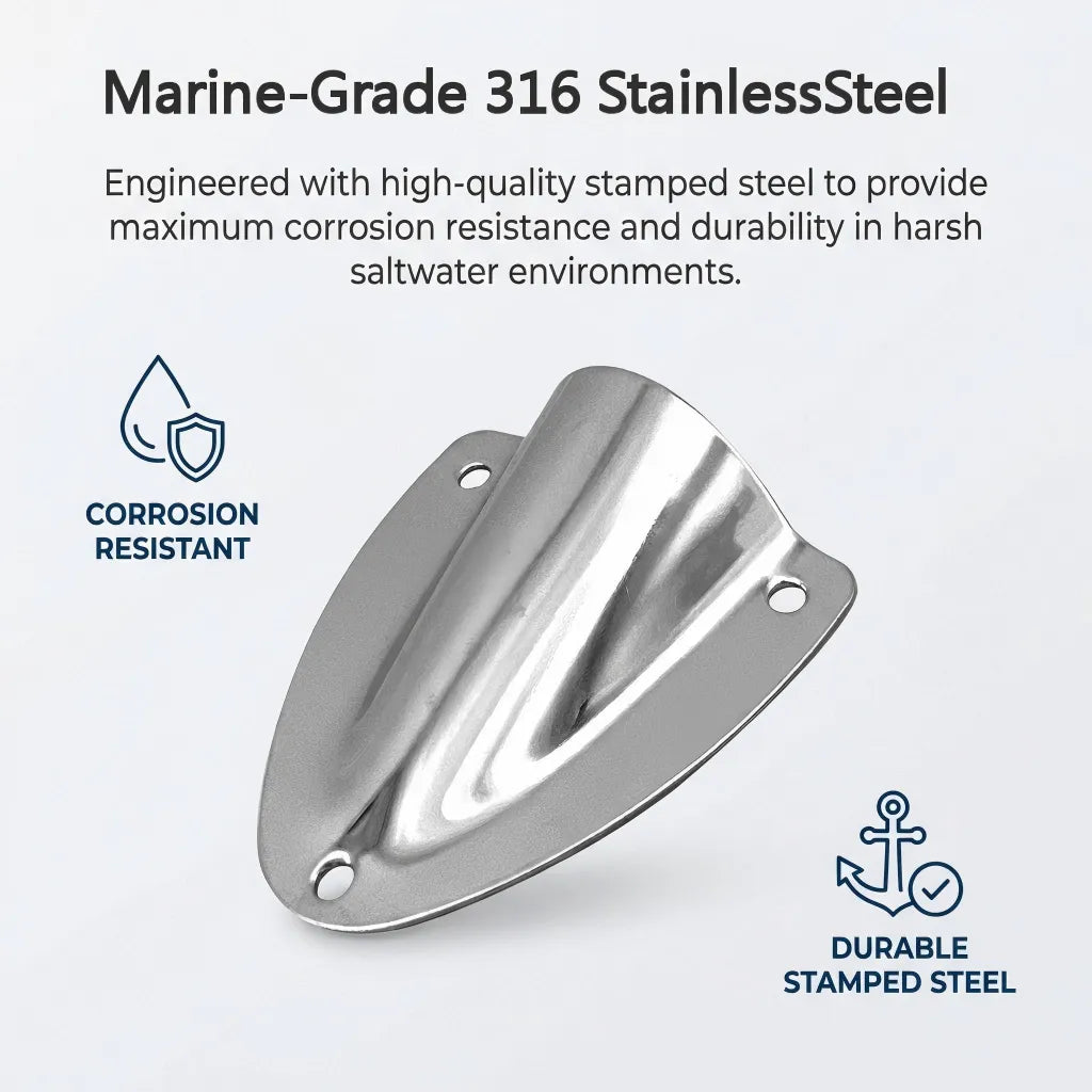 Infographic highlighting marine-grade 316 stainless steel properties including maximum corrosion resistance and durability in saltwater.