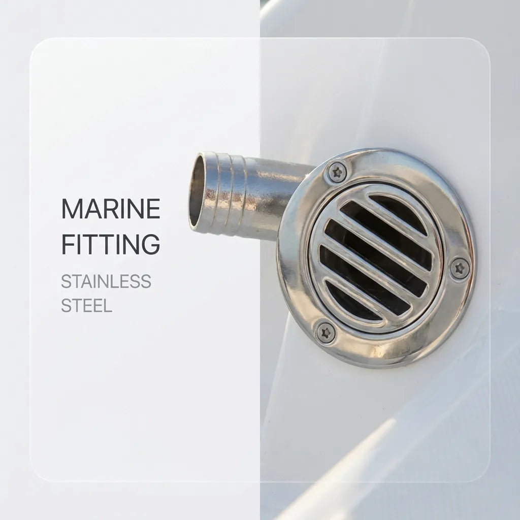 Close-up of the stainless steel marine fitting installed on the white fiberglass hull of a boat showing screw mountings.