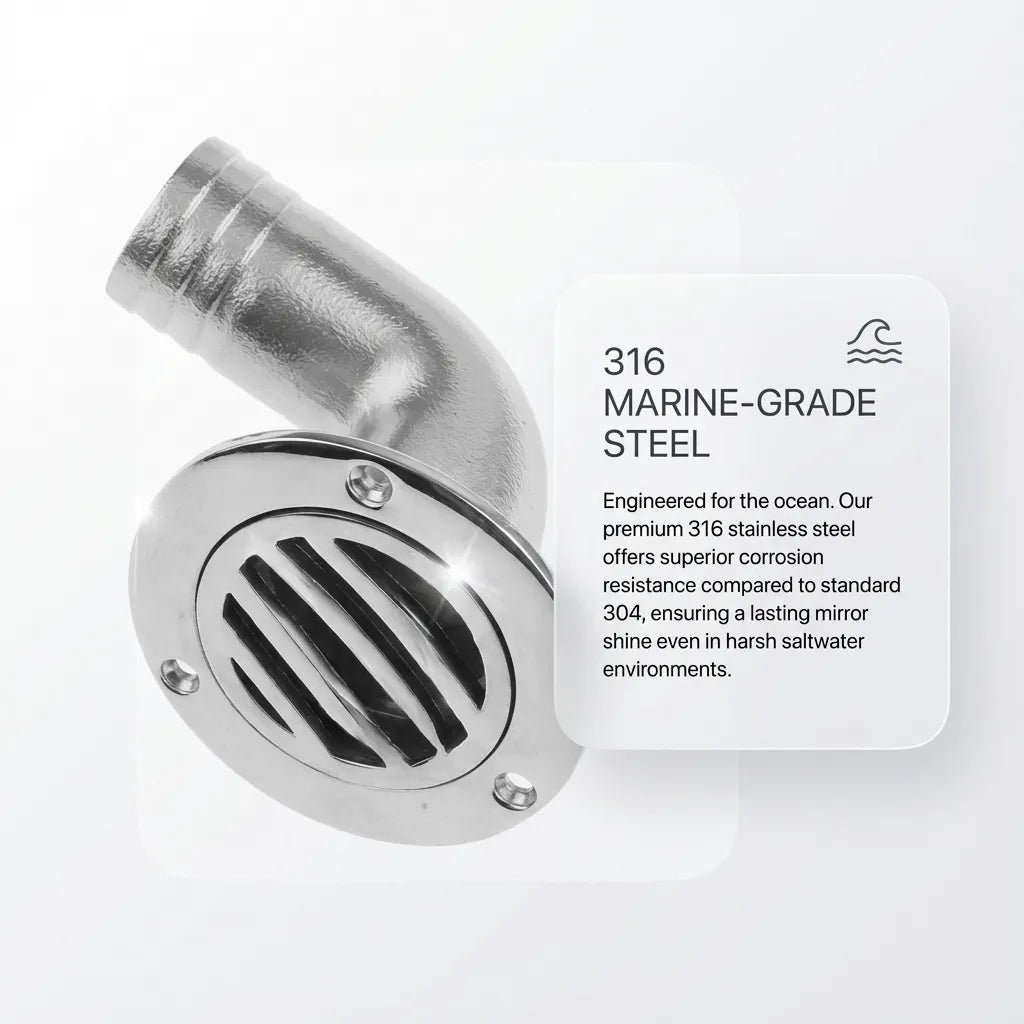 Detail shot highlighting the corrosion resistance of 316 marine-grade stainless steel for harsh saltwater environments.