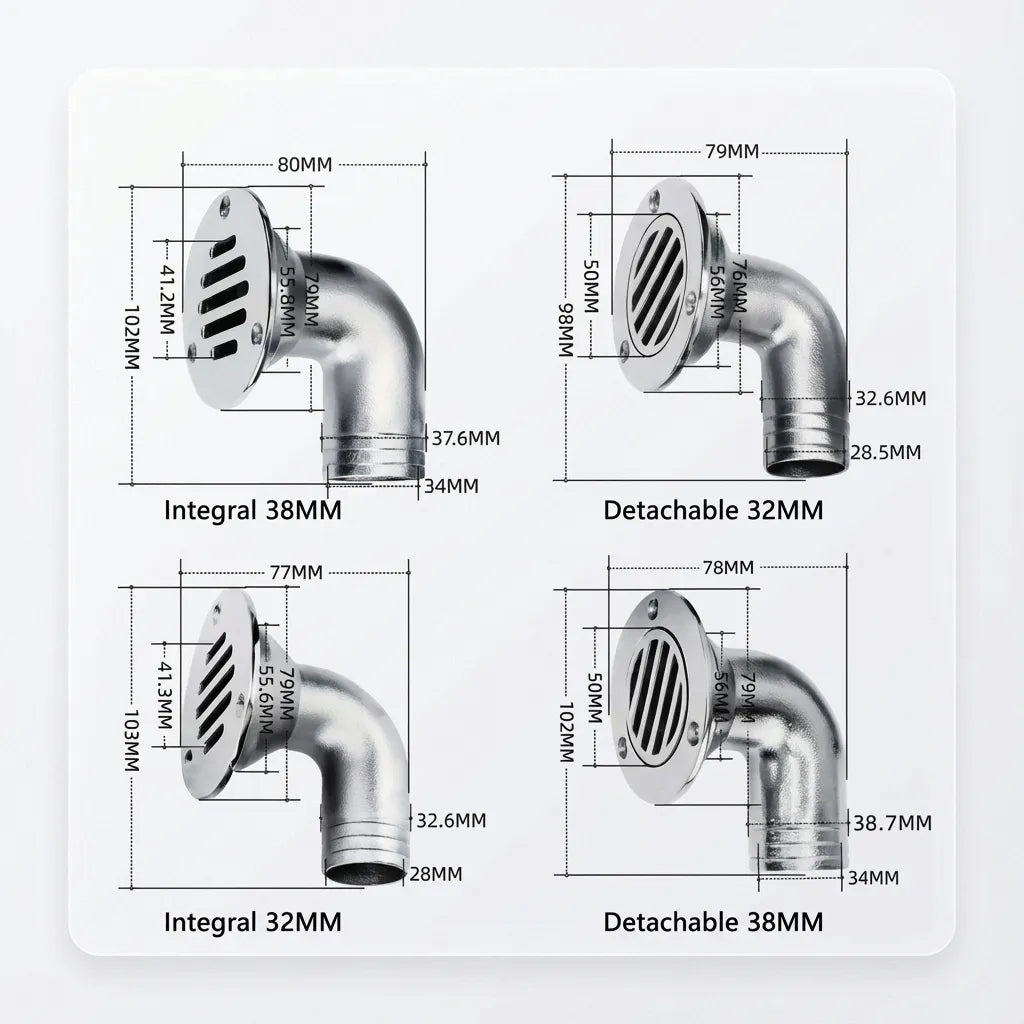 Technical diagram showing measurements for 32mm and 38mm integral and detachable boat drain models.